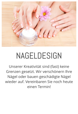 Unserer Kreativitt sind (fast) keine Grenzen gesetzt. Wir verschnern Ihre Ngel oder bauen geschdigte Ngel wieder auf. Vereinbaren Sie noch heute einen Termin! NAGELDESIGN